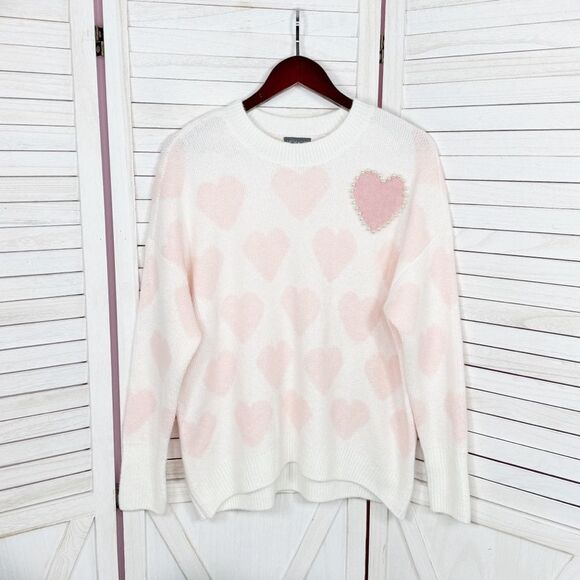 Vince Camuto One and Only Hearts Pearl Embellished Sweater Ivory Pink Medium - Picture 7 of 12